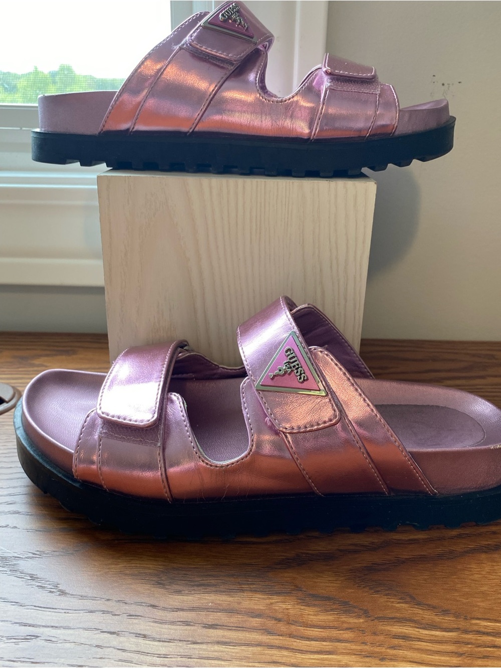 GUESS Metallic Pink Slide Sandals